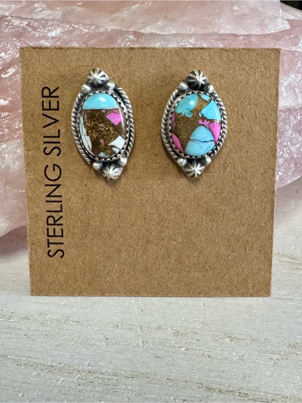 Handcrafted Kingman Cotton Candy Turquoise Dahlia Sterling Oval Stud Earrings